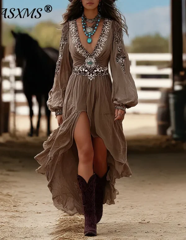 Sexy V Neck Solid Pleated Womans Long Dress Retro Ethnic A-Line Lantem Sleeve Party Dress New Boho Print Irregular Party Dresses