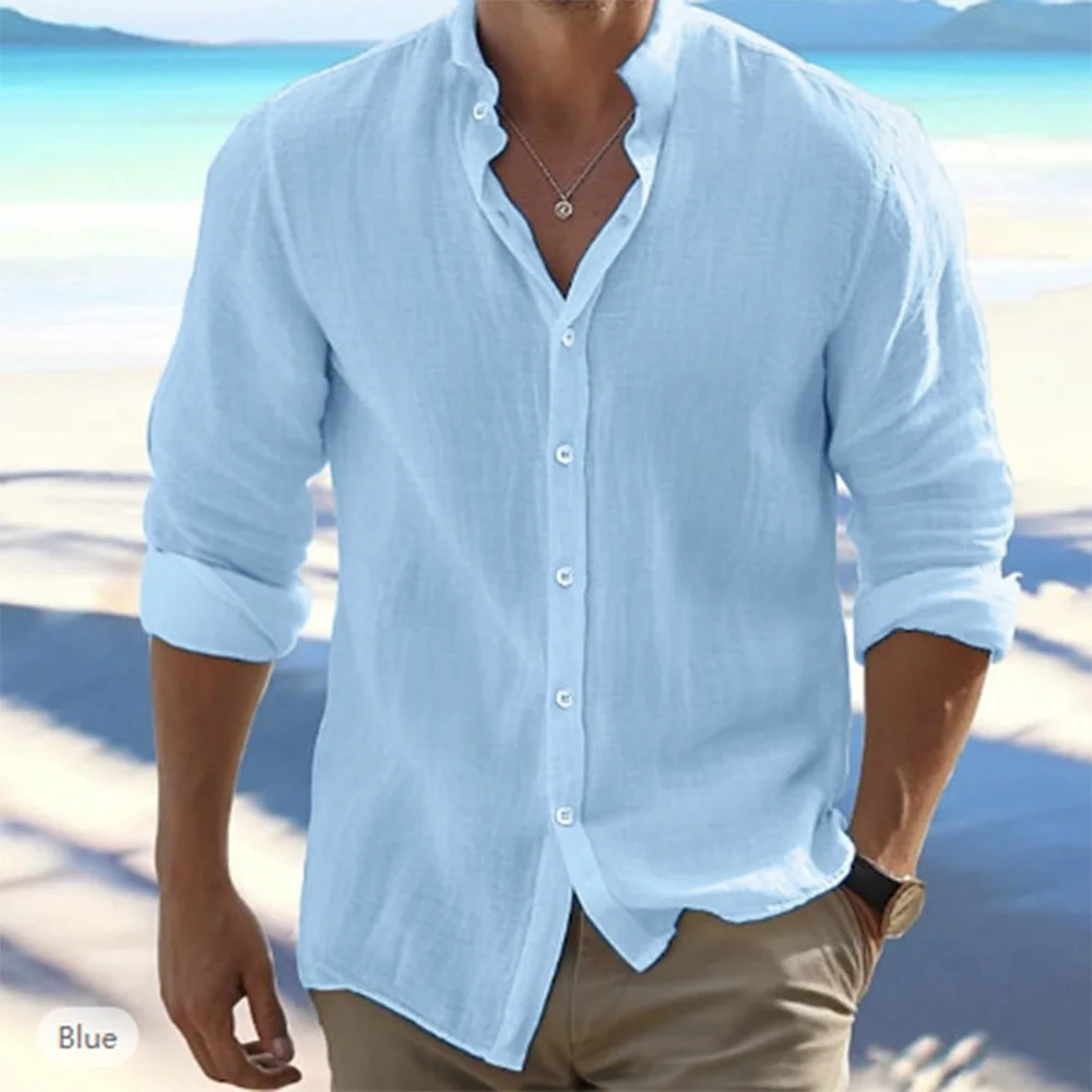 Cotton Linen Hot Sale Men's Long-Sleeved Shirts Summer Solid Color Stand-Up Collar Casual Beach Style Plus Size - Image 5