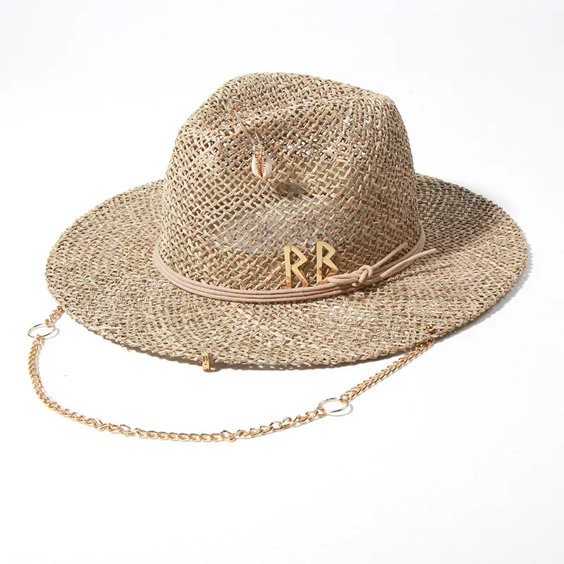 Panama Straw Sun Hat Wide Brim UPF50+ Foldable, Navy & Beige Contrast Beach Hat Adjustable Chin Strap Women Summer - Image 2