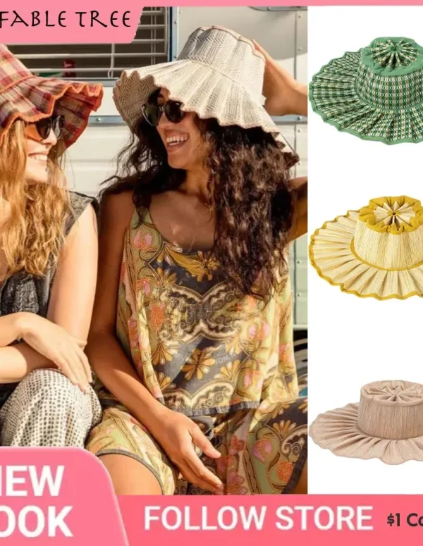 Y2K Parent-Child Summer Reversible Pleated Sun Hats for Women Casual Straw Hat Outdoor Beach Shade Straps Lady Gorras Para Mujer