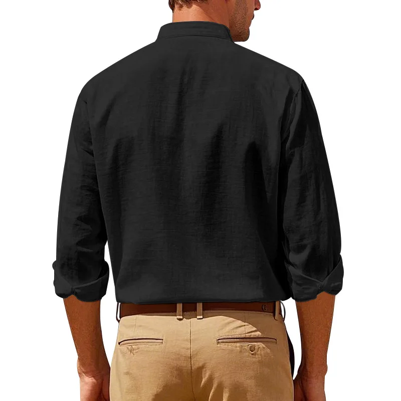 Men's Linen Mandarin Collar Shirt - Breathable Wrinkle-Free New Chinese Style with Pocket (Beige/Black/White, S-XXXL) Wholesale - Image 36