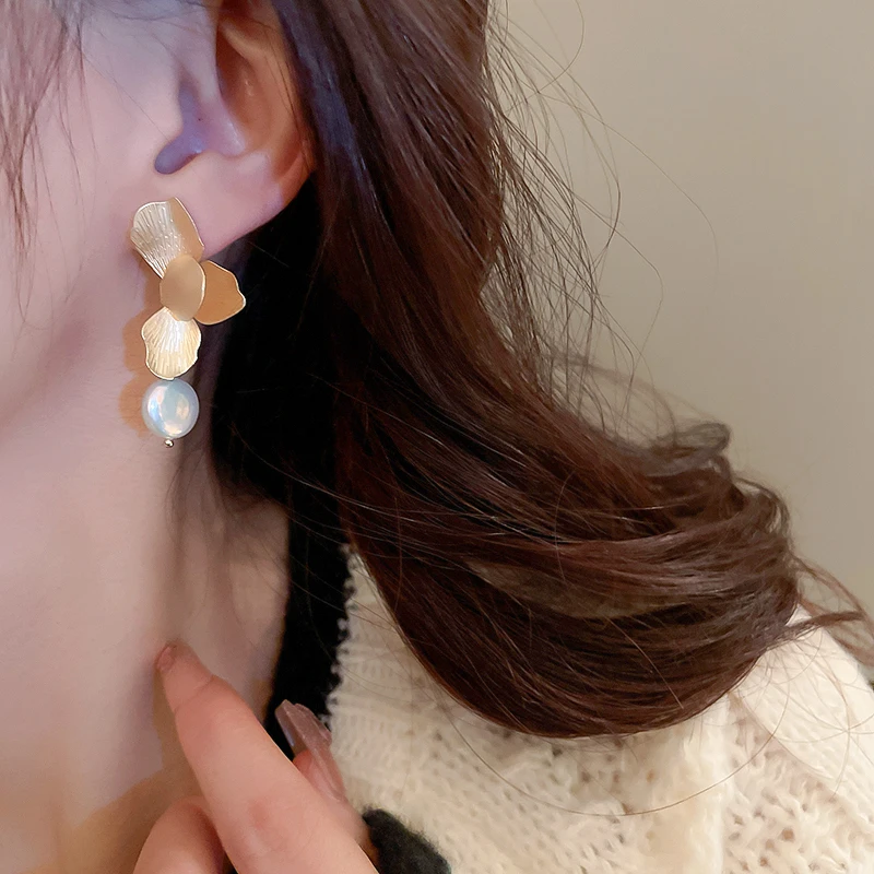 Elegant Natural Imitation Pearls Earrings For Women Vintage Golden Petals Flower Drop Earring Jewelry For Party Wedding - Image 12
