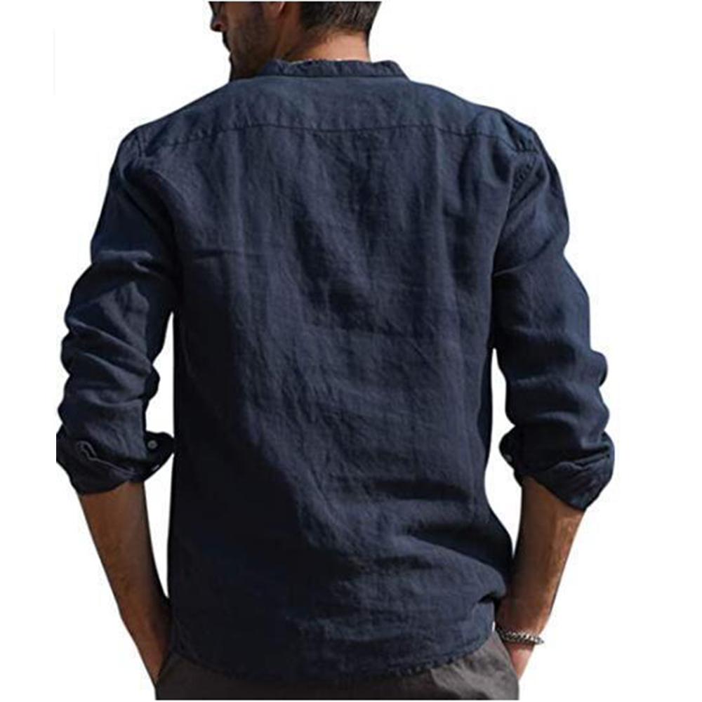 Cotton Linen Hot Sale Men's Long-Sleeved Shirts Summer Solid Color Stand-Up Collar Casual Beach Style Plus Size - Image 19