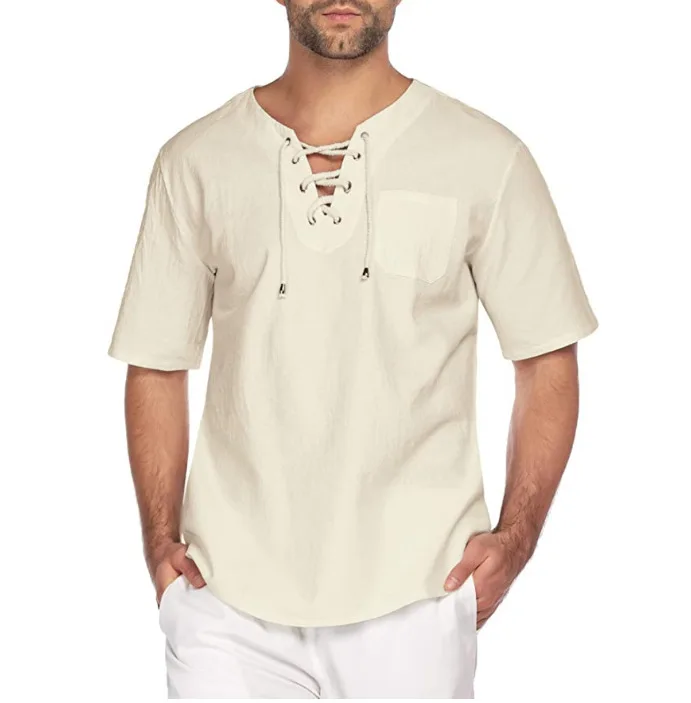 Plus Size Men's Tee Shirt Solid Tops Pullover V Neck Lace-up Loose Top Summer Holiday Beach Casual Half Sleeve Tops Linen Top - Image 9
