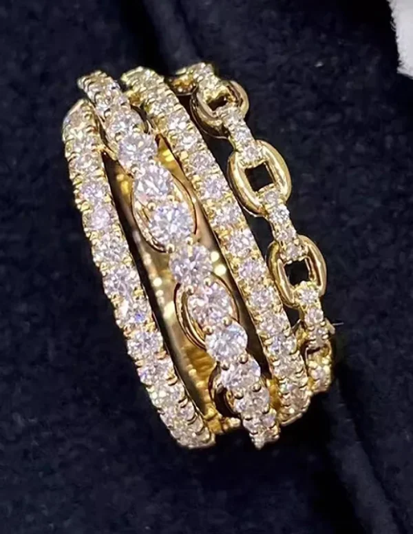 Huitan Multi-layers Design Lady Rings Gold Color Inlaid Shiny CZ Trendy Luxury Accessories Jewelry for Wedding Party Anniversary