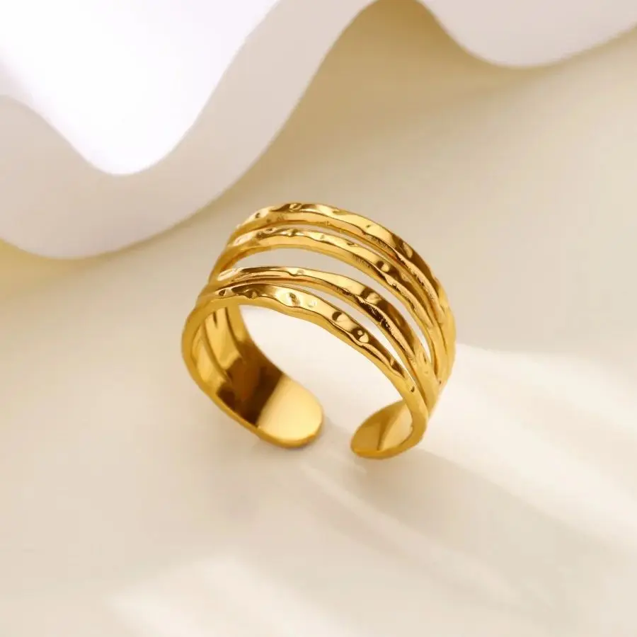 Stainless Steel Layered Rings for Women Open Adjustable Gold Color Geometric Textured Ring Aesthetic Wedding Waterproof Jewelry - Image 2