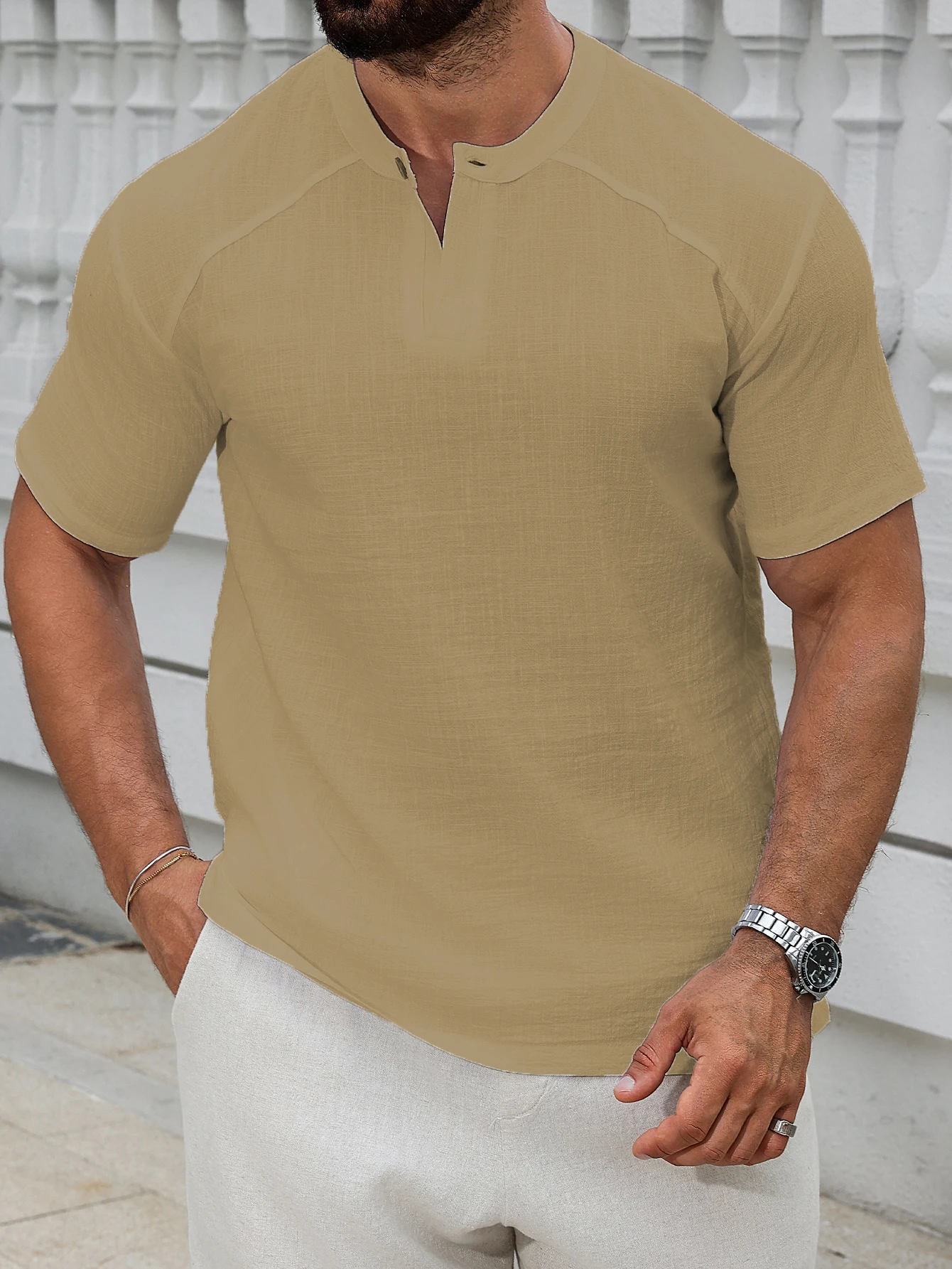 1PCS Mens Linen Short-Sleeved Shirt Top Round-Neck Pullover Casual Solid Color Henry Collar T-Shirt with Buttons Fashion Hippie - Image 10