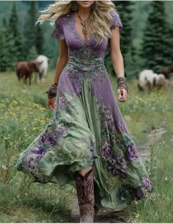 Sexy Retro Ethnic V Neck Long Dress Woman Elegant Boho Print A-Line Spliced Maxi Dress Summer Short Sleeve Holiday Evening Dress