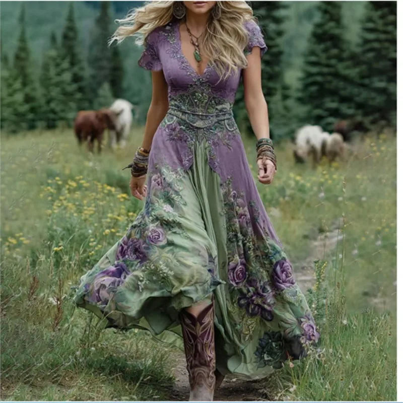 Sexy Retro Ethnic V Neck Long Dress Woman Elegant Boho Print A-Line Spliced Maxi Dress Summer Short Sleeve Holiday Evening Dress