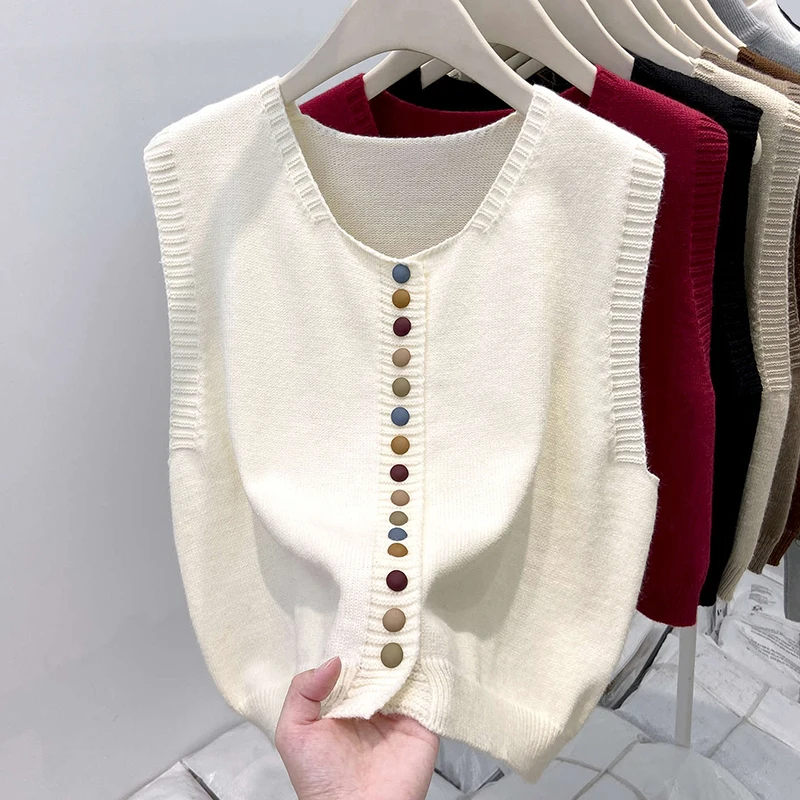 Fashion Colorful Button Knit Sweater Vest Women Spring Autumn New Casual Layering Sweater Woman Retro Gray Sleeveless Vest Top - Image 7