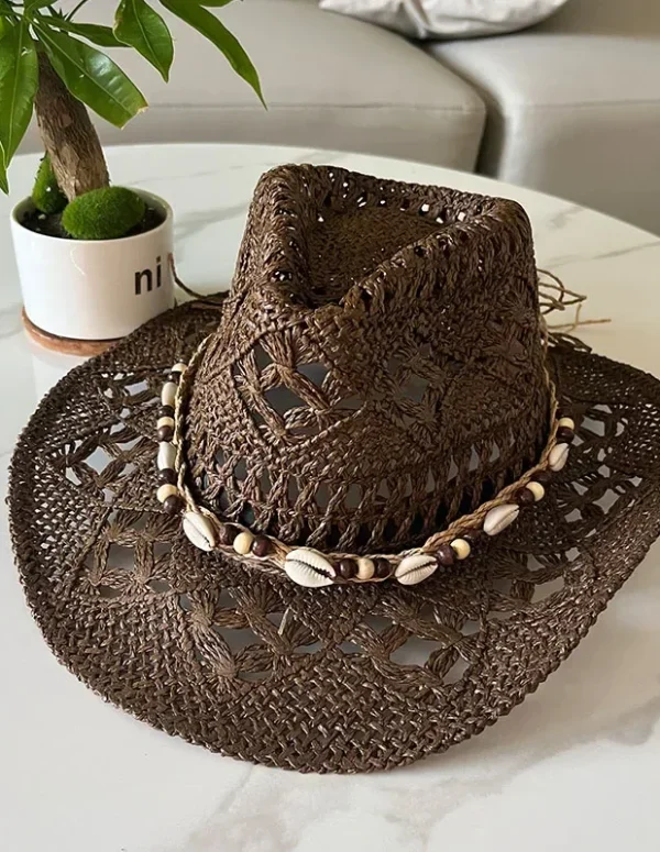 Summer Bohemian Shell Straw Hat Beach Women Men Cowboy Hats Wooden Beads Hollow Out Western Wide Brim Sun Hat Holiday Cap