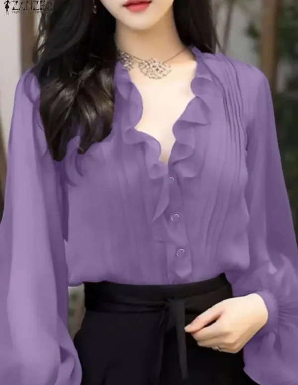 Elegant Ruffled Office Shirts ZANZEA 2026 Spring Blouse Women V Neck Long Sleeve Tops Stylish OL Work Shirt Solid Pleated Blusas