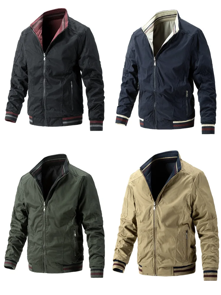 Men's Double-Sided Wear Busin Coat Spring Autumn Cotton Casual Jaet Busin Sle V-Ne Zipper ket Wear-resistant - Image 6