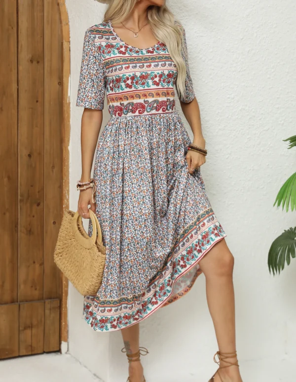 2024 Europe and America autumn ladies round neck short sleeve long skirt Bohemian print dress woman