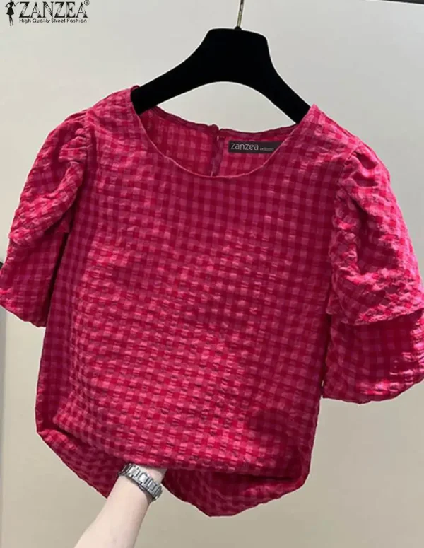 ZANZEA Women Casual Checked Blouses 2024 Summer Short Puff Sleeve O Neck Gingham Blusas Leisure Commute Everyday Shirts Tops