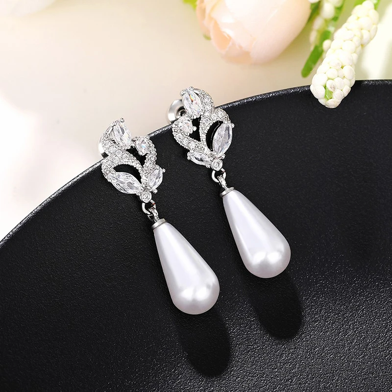 Huitan Aesthetic Imitation Pearl Dangle Earrings for Women Brilliant Cubic Zircon Luxury Female Wedding Earrings Fashion Jewelry - Image 3