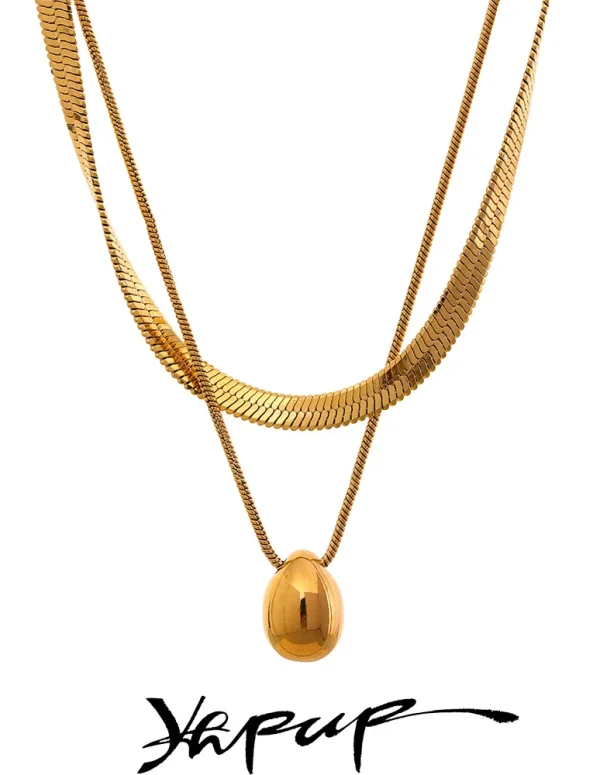 Yhpup Snake Chain Double Layer Stainless Steel Water Drop Pendant Necklace for Women Statement 18k Gold Color Jewelry Waterproof