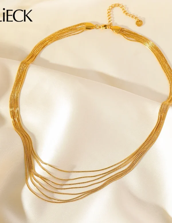 EILIECK 316L Stainless Steel Metal Multilayer Chain Necklace For Women Fashion 18K Gold Plated Collar Waterproof Jewelry Gift