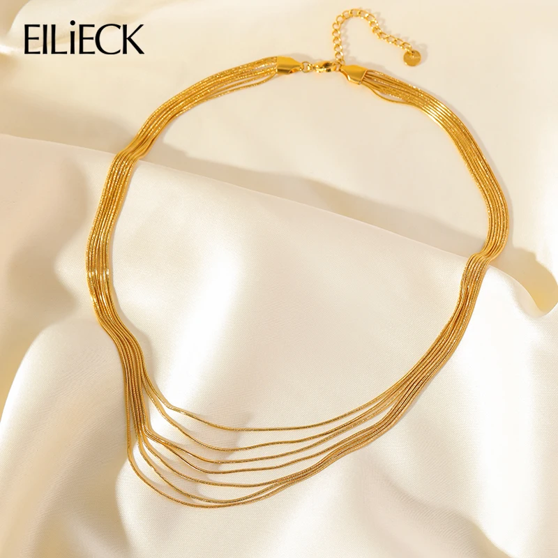 EILIECK 316L Stainless Steel Metal Multilayer Chain Necklace For Women Fashion 18K Gold Plated Collar Waterproof Jewelry Gift