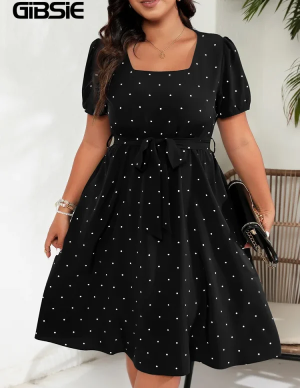GIBSIE Plus Size Square Neck Polka Dot Belted Dress Women's Elegant Retro Puff Sleeve High Waist Summer A-line Big Swing Dresses