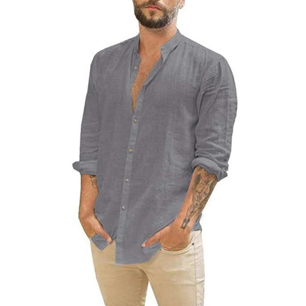 Cotton Linen Hot Sale Men's Long-Sleeved Shirts Summer Solid Color Stand-Up Collar Casual Beach Style Plus Size - Image 13