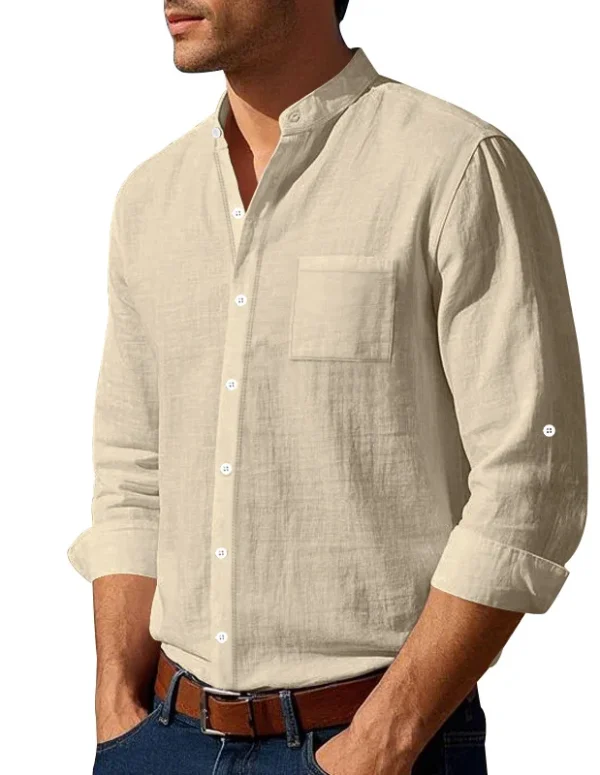 Men's Linen Mandarin Collar Shirt - Breathable Wrinkle-Free New Chinese Style with Pocket (Beige/Black/White, S-XXXL) Wholesale
