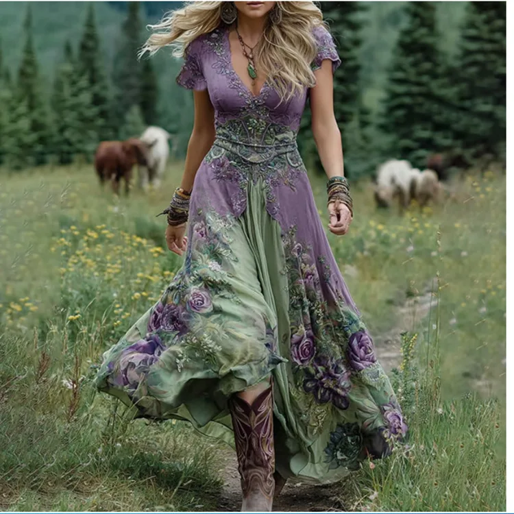 Sexy Retro Ethnic V Neck Long Dress Woman Elegant Boho Print A-Line Spliced Maxi Dress Summer Short Sleeve Holiday Evening Dress - Image 9