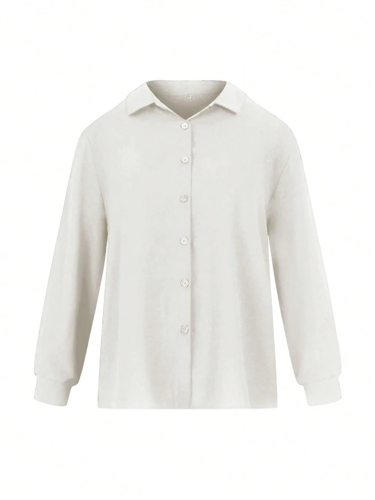 Plus Size 2025 Spring and Summer New Women's POLO Collar Pleated Casual Single Row Button Shirt Blouse Solid Color - Image 3