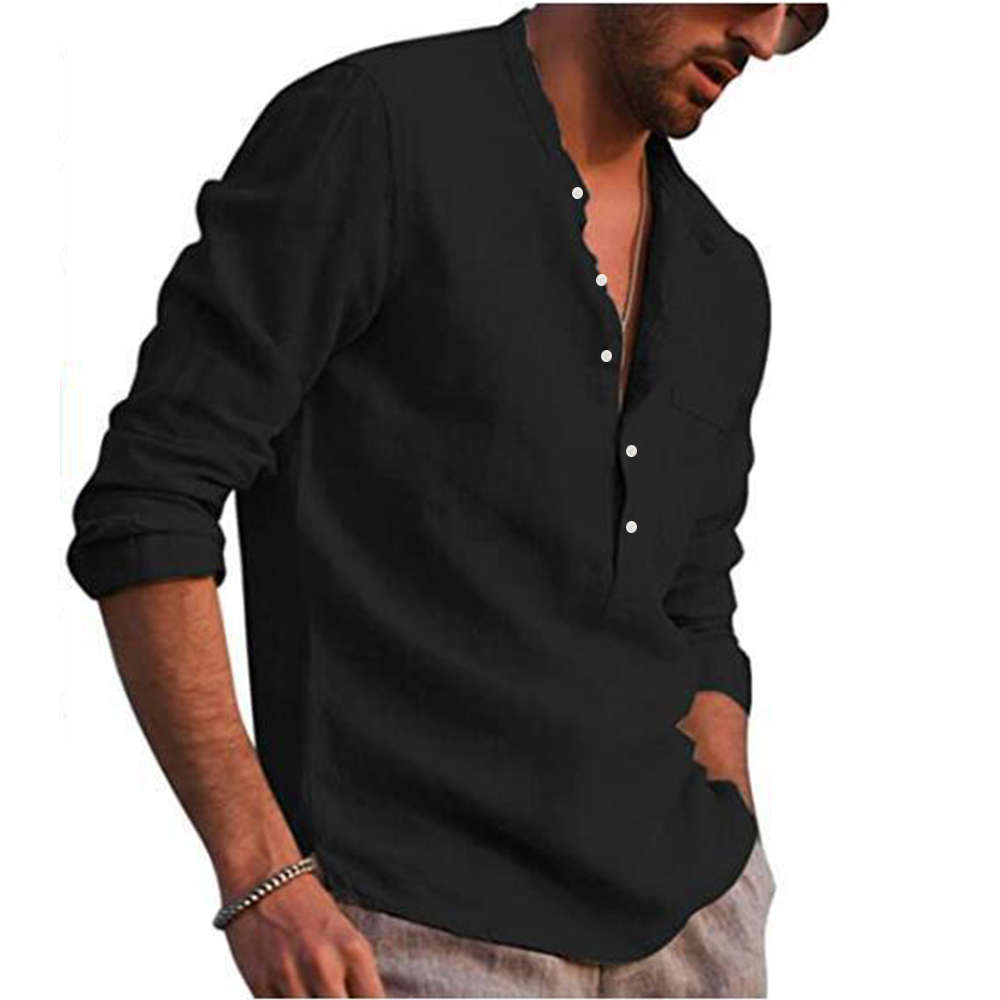 Cotton Linen Hot Sale Men's Long-Sleeved Shirts Summer Solid Color Stand-Up Collar Casual Beach Style Plus Size - Image 21