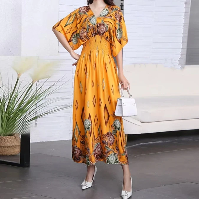Casual Elegant Retro Bohemian National Style V-neck Elastic Waist Large Swing Printed Summer Long Skirt Woman Dress Clothes - Image 25