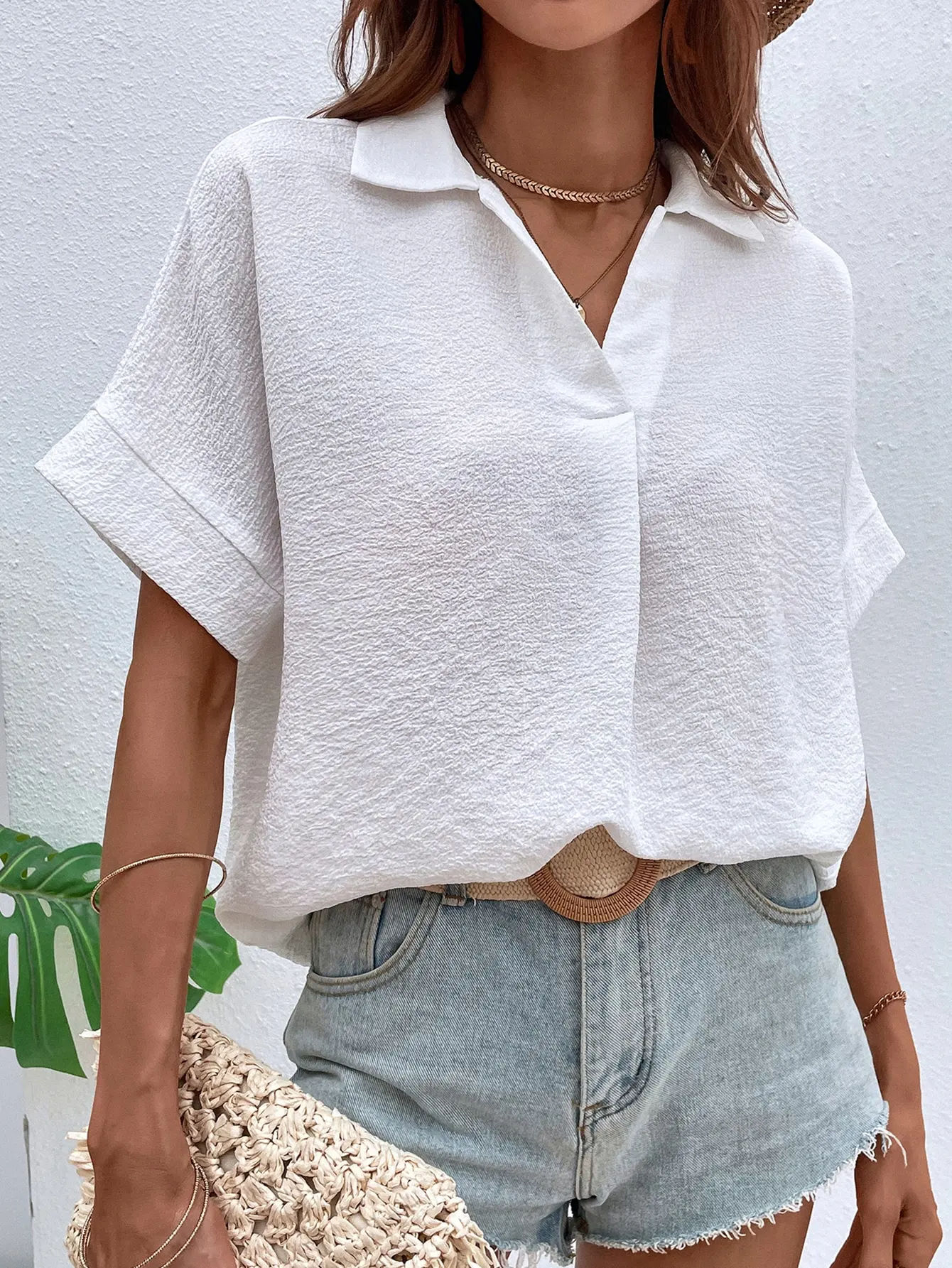 Ladies Solid Color Lapel Neck Blouse Casual Batwing Sleeve Blouse Women Tops Shirts - Image 4