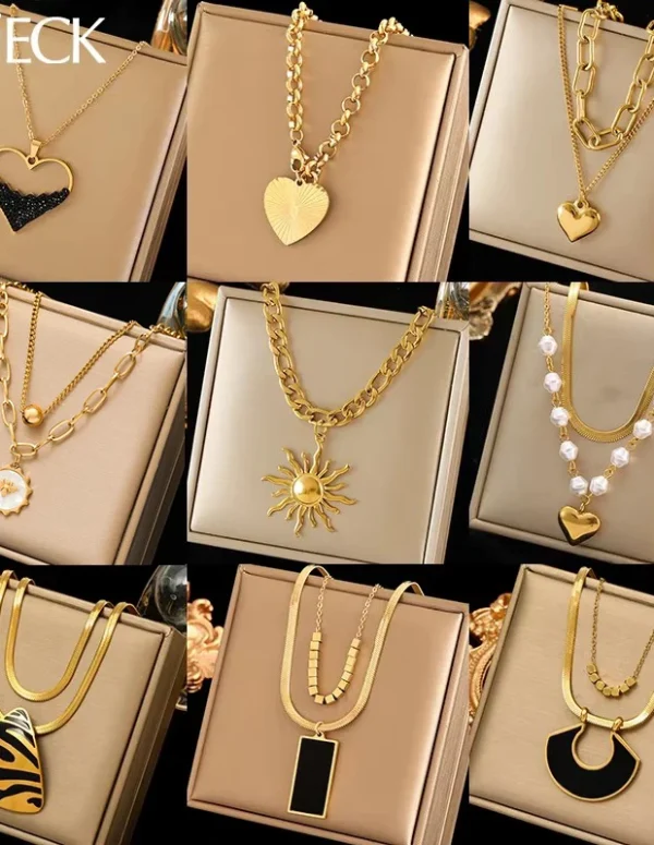 EILIECK 316L Stainless Steel Metal Geometric Heart Pendant Necklace For Women Gold Color Multilayer Neck Chain Jewelry Lady Gift