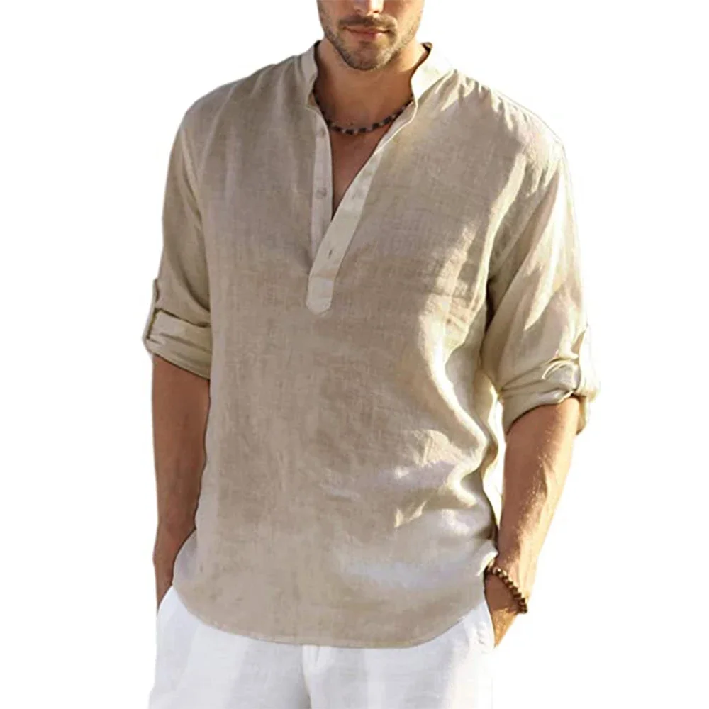 Cotton Linen Hot Sale Men Long-Sleeved Shirts Summer Solid Color Stand-Up Collar Casual Beach Style Plus Size - Image 4