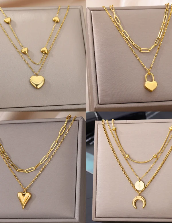 Multilayer Heart Necklaces For Women Stainless Steel Gold Color Evil Eye Pendant Chain Choker Necklace Wedding Jewerly Gift