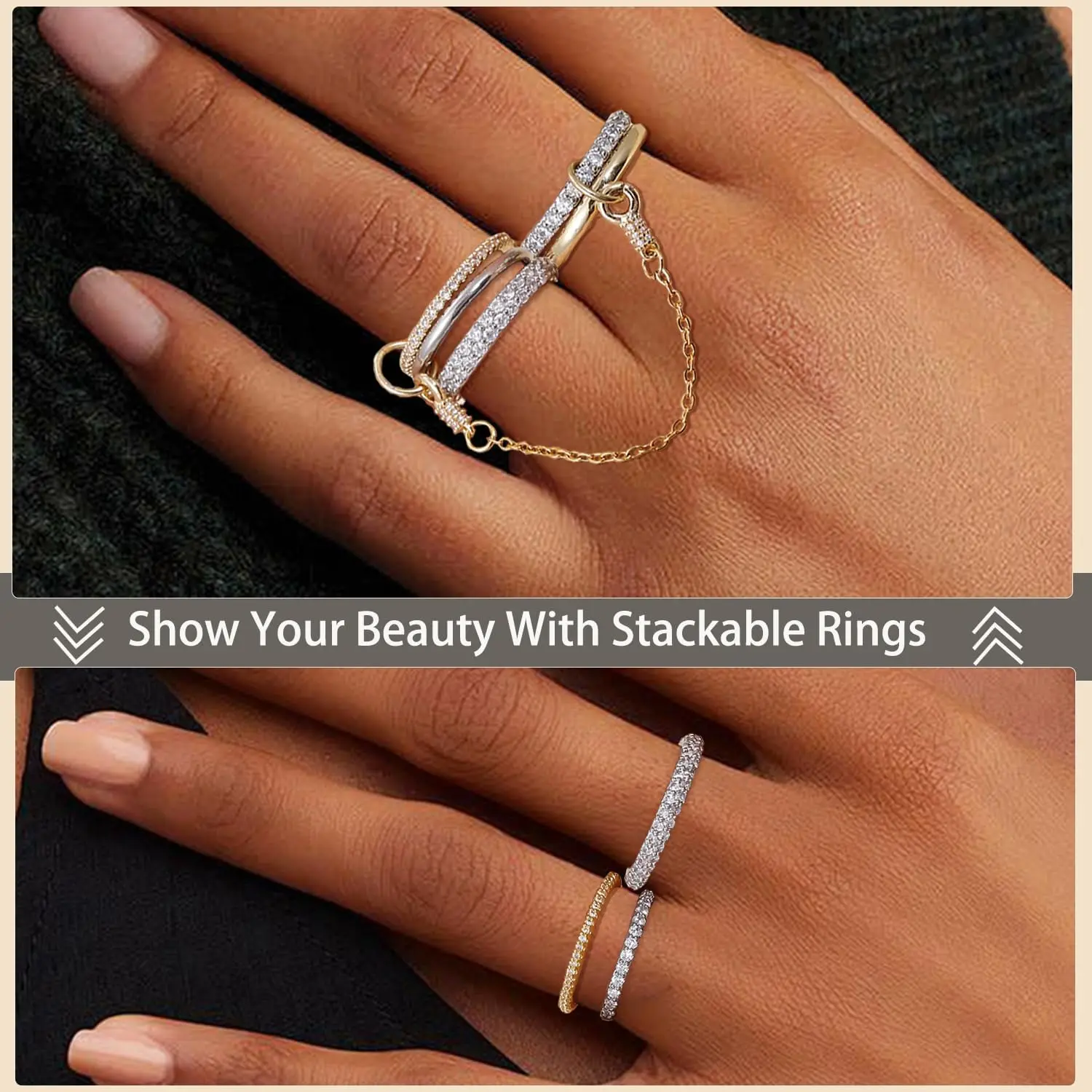 5pcs Gold Plated Linked Chain Stackable Rings for Women Statement Cubic Zirconia Interlocking Rings Multi-Link Connected Jewelry - Image 6