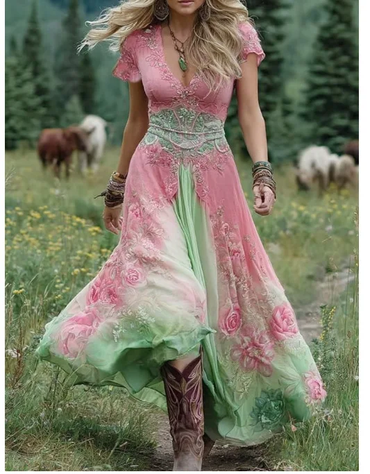 Sexy Retro Ethnic V Neck Long Dress Woman Elegant Boho Print A-Line Spliced Maxi Dress Summer Short Sleeve Holiday Evening Dress - Image 11