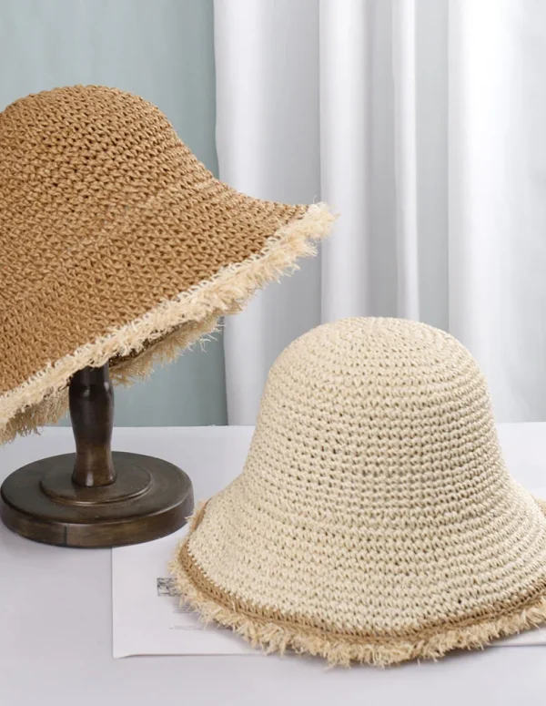 Crochet Straw Hat for Women Summer Handmade Hollow Out Panama Raffia Paper Tassel Edge Beach Hats UV Protect Foldable Sun Visor
