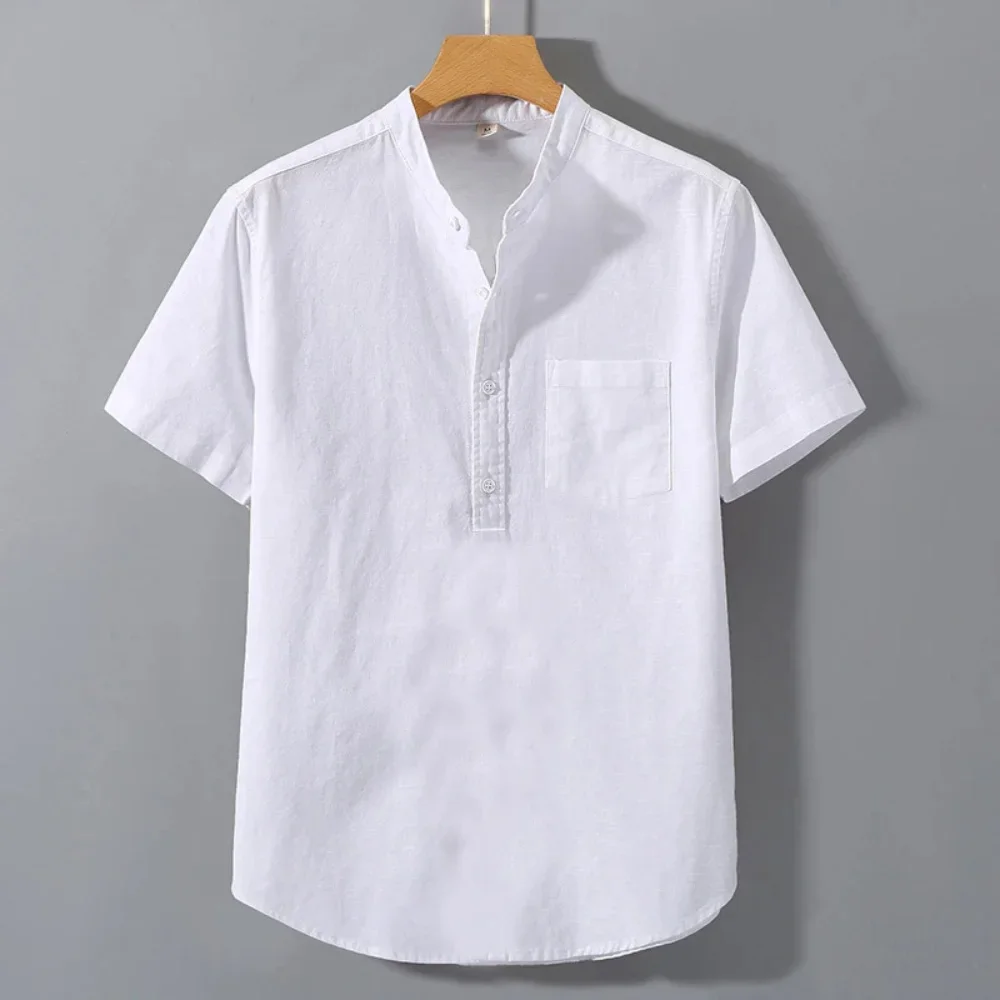 Men's Summer Solid Colour Short Sleeve Shirt Pocket Design Daily Casual Comfortable Breathable Cotton Linen Shirt Top - Image 3