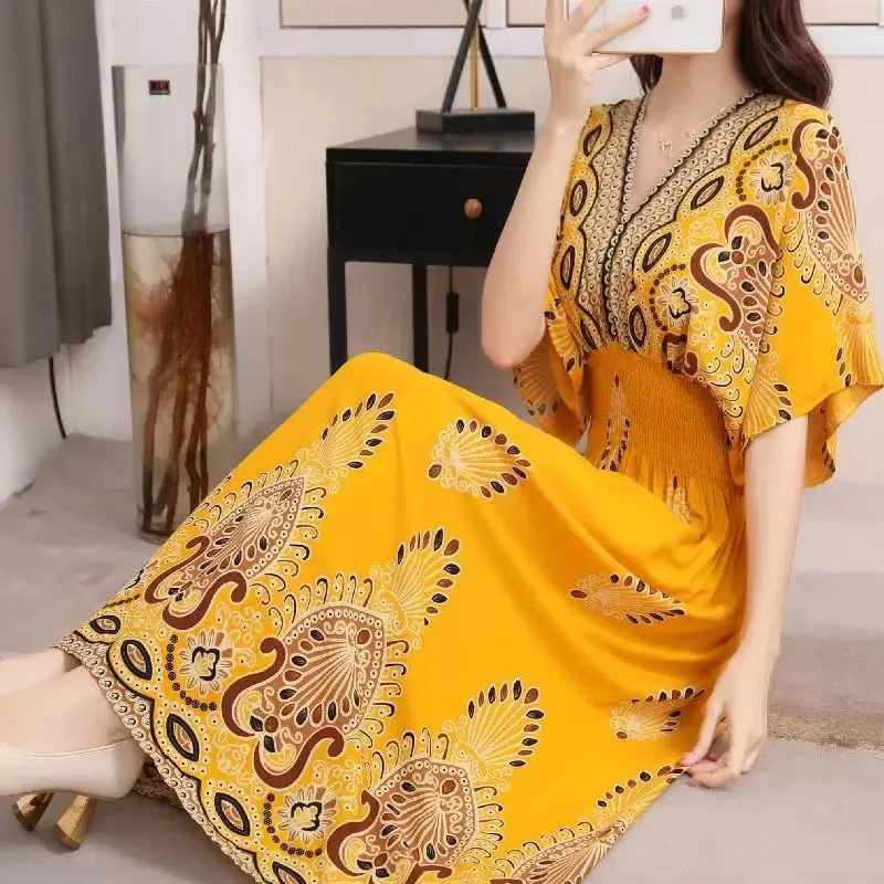 Casual Elegant Retro Bohemian National Style V-neck Elastic Waist Large Swing Printed Summer Long Skirt Woman Dress Clothes - Image 7