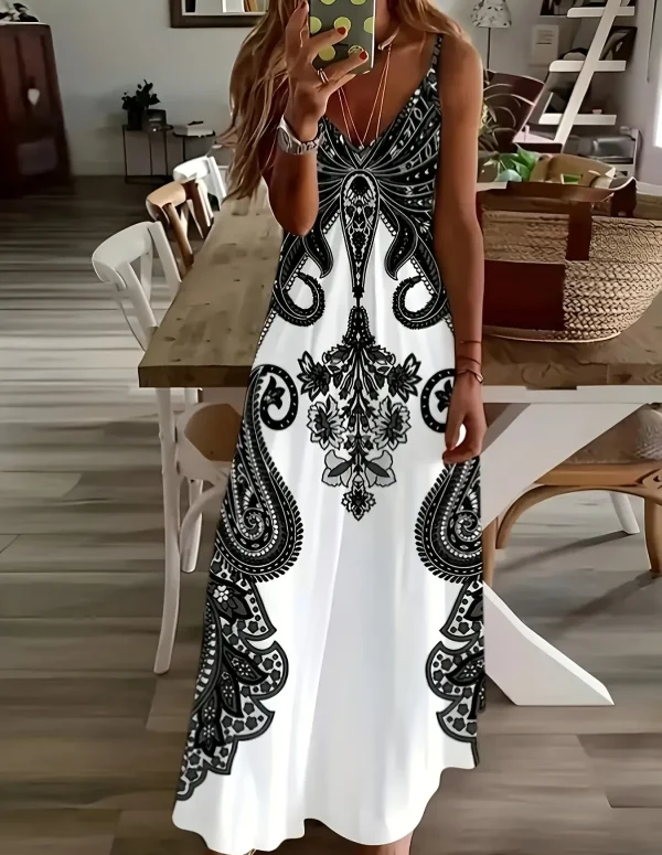 2024 Cross border New Flower Printed V-neck Strap Dress with Exotic Bohemian Vacation Style Elegant Long Style