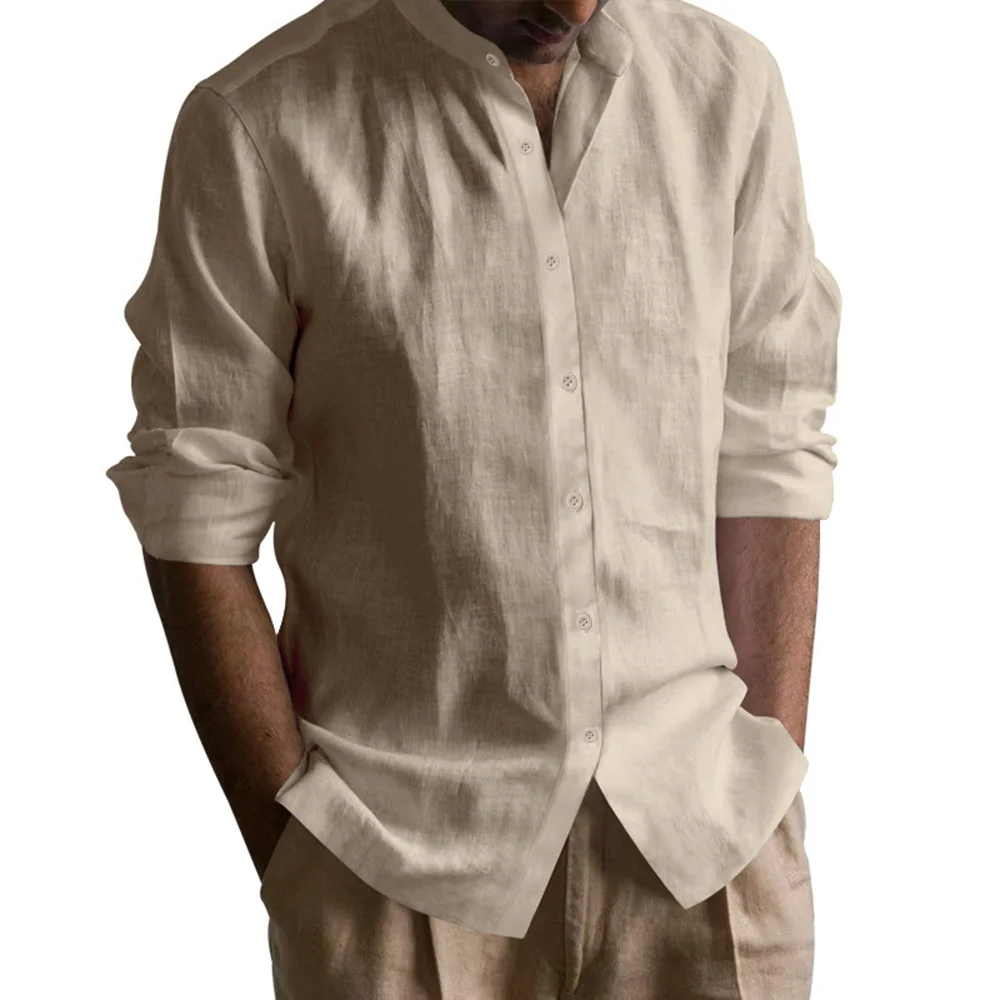 Men's Henley Shirts Cotton Linen Open Stitch Lightweight Breathable Solid Color Slim Fit Men Shirt - Image 5