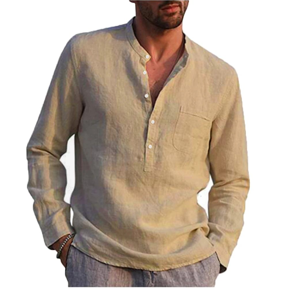 Cotton Linen Hot Sale Men's Long-Sleeved Shirts Summer Solid Color Stand-Up Collar Casual Beach Style Plus Size - Image 3