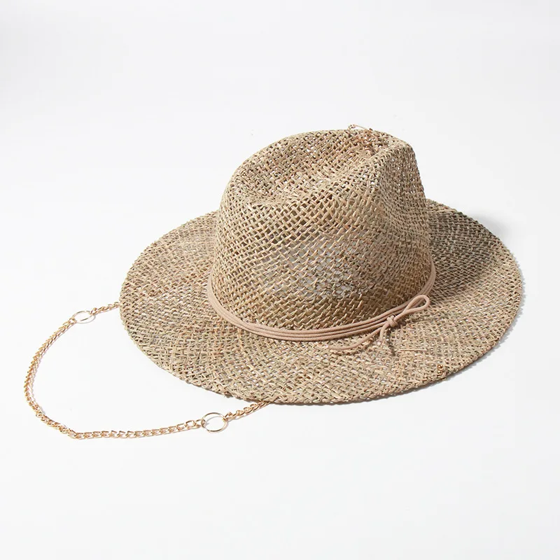 Panama Straw Sun Hat Wide Brim UPF50+ Foldable, Navy & Beige Contrast Beach Hat Adjustable Chin Strap Women Summer - Image 16