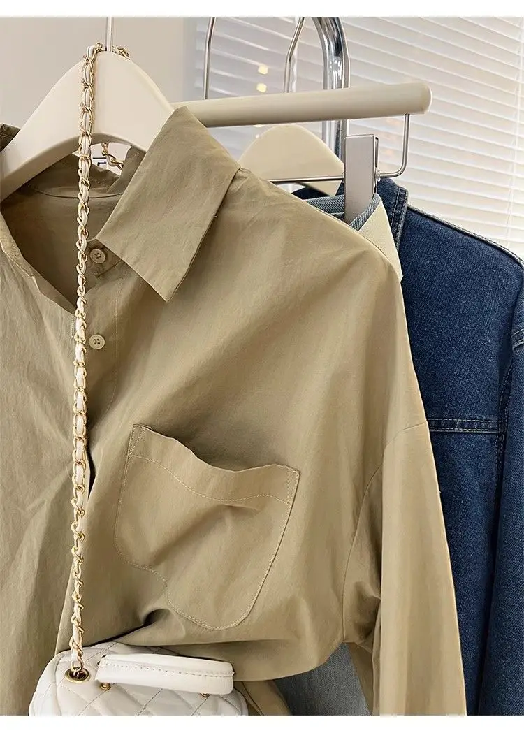 Solid Color Long Sleeve Women's Shirt with Pocket Loose Button Up Casual Blouse Woman 2026 New Spring Summer All-Match Shirt Top - Image 36