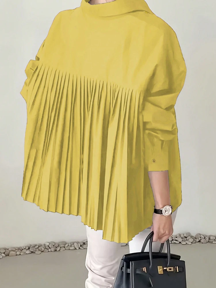 Plus Size 2025 Spring and Summer New Women's POLO Collar Pleated Casual Single Row Button Shirt Blouse Solid Color - Image 8