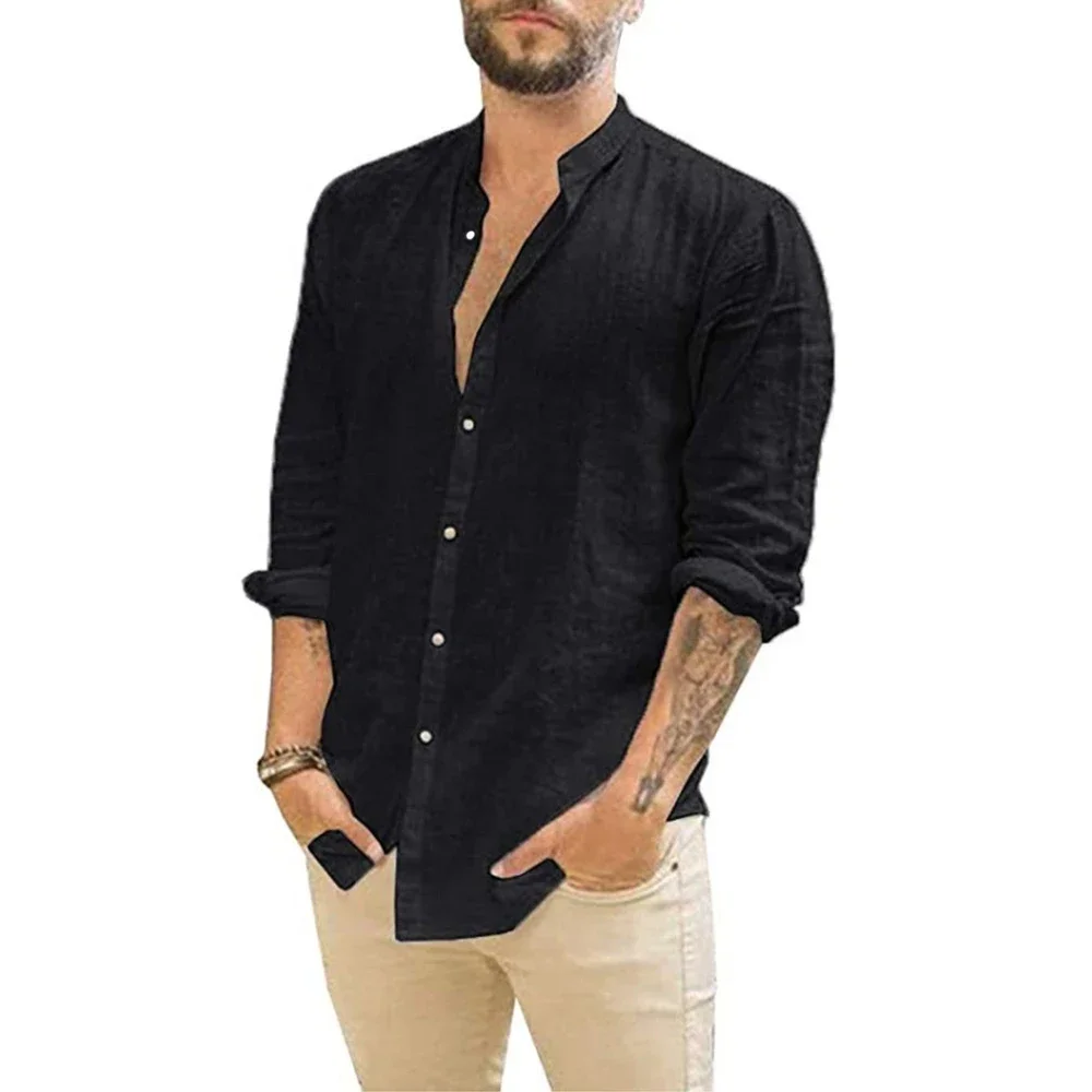 Cotton Linen Hot Sale Men's Long-Sleeved Shirts Summer Solid Color Stand-Up Collar Casual Beach Style Plus Size - Image 5