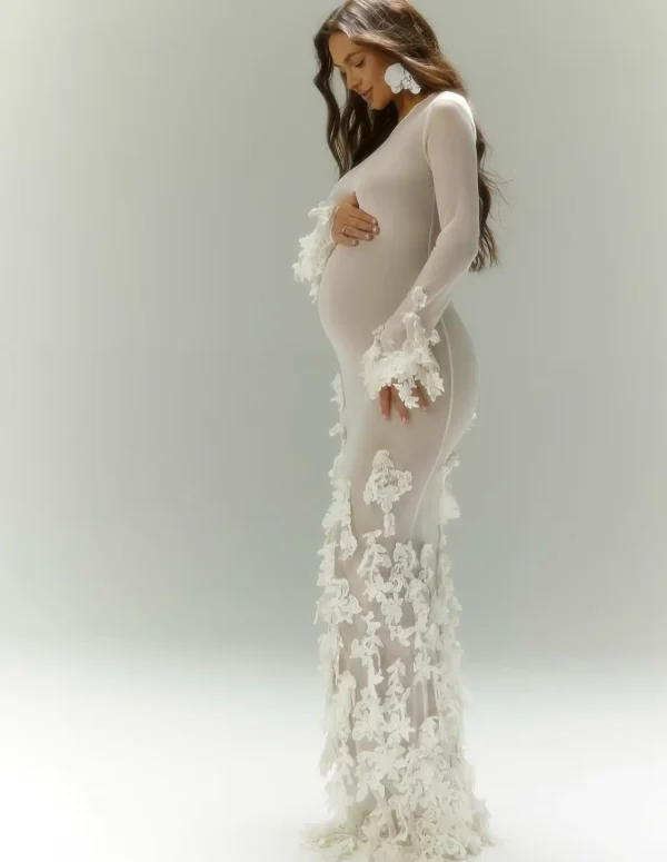 Sexy Women Pregnant Prom Dress For Photo Shoot Full Sleeves Bridal Morning Robe Customized 3D Flower Long Party Gown