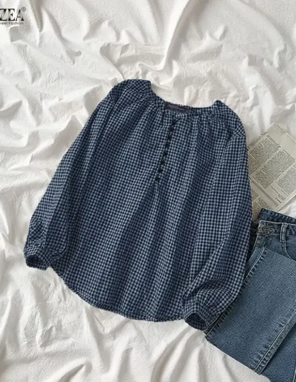 Women's Casual Daily Gingham Blouses Gathered O-Neck Half-Buttons Long Sleeve Checked Tops Spring Summer ZANZEA Woman Clothes