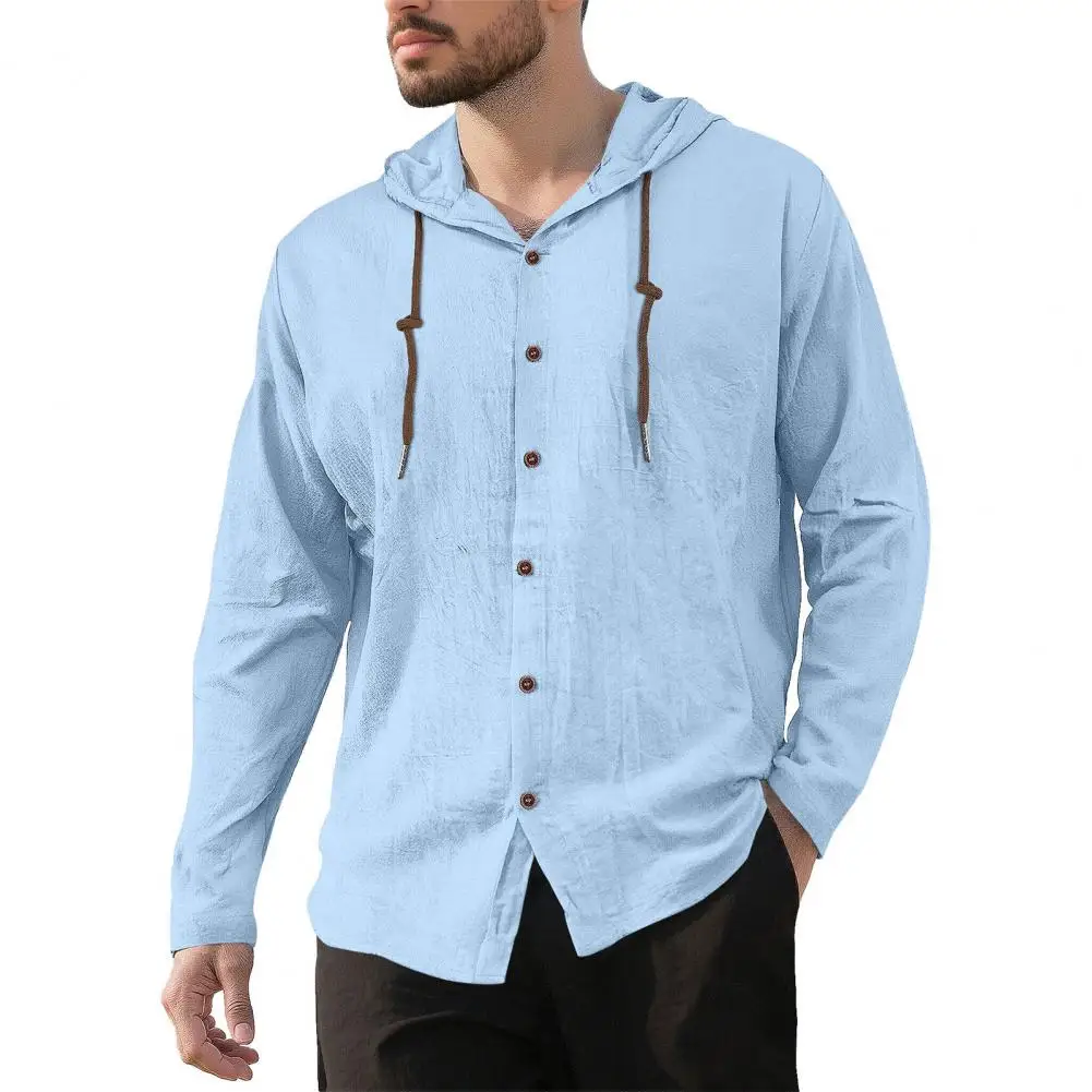 Men's Fashion Casual Shirt, Hooded Drawstring Cotton And Linen Cardigan, Trendy And Versatile Loose Beach T-shirt - Image 7
