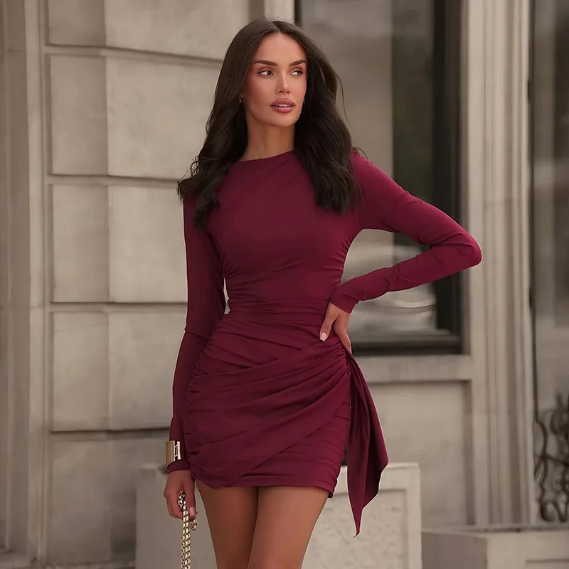 Shestyle Crew Neck Solid Slim Sheath Dress Women Long Sleeve Overlap Burgundy Elegant Casual Bodycon Outfits Office Lady 2026 - Image 37